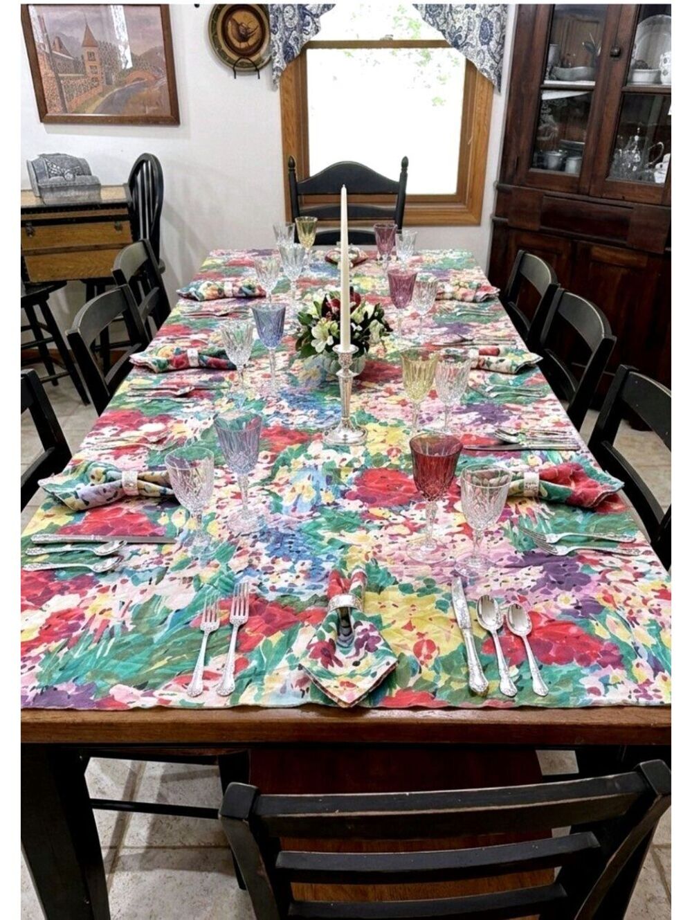 VTG Watercolor Floral Tablecloth 59x96” & 8 Napkins Cottage Farm Cotton Boho